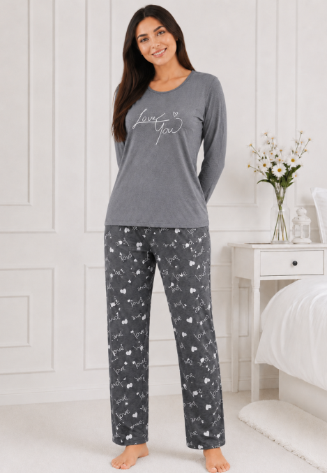 Pijama de damă cu bluză cu maneca lunga și pantaloni -Gri,Engros